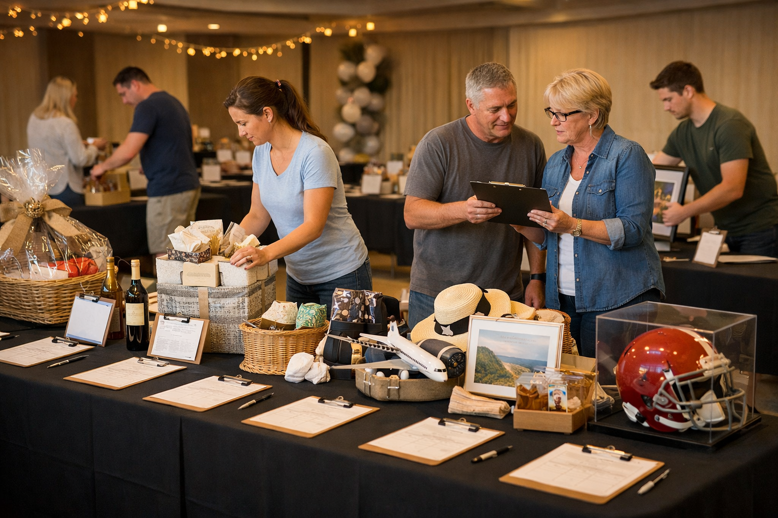 Volunteers organizing silent auction tables and bid sheets at a nonprofit fundraising event