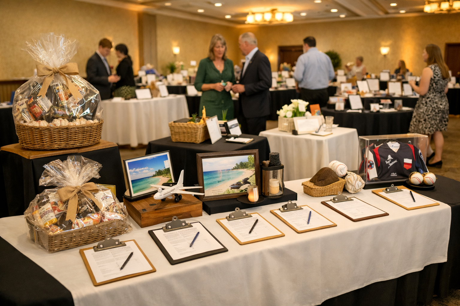 Silent auction table layout with organized item displays and bid sheets at a nonprofit fundraising event