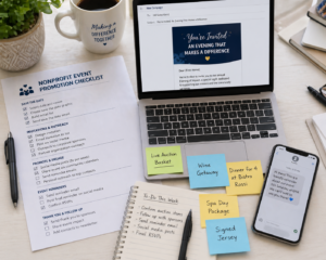 Nonprofit organizer planning a silent auction promotion campaign with checklist, email draft, and item notes on desk