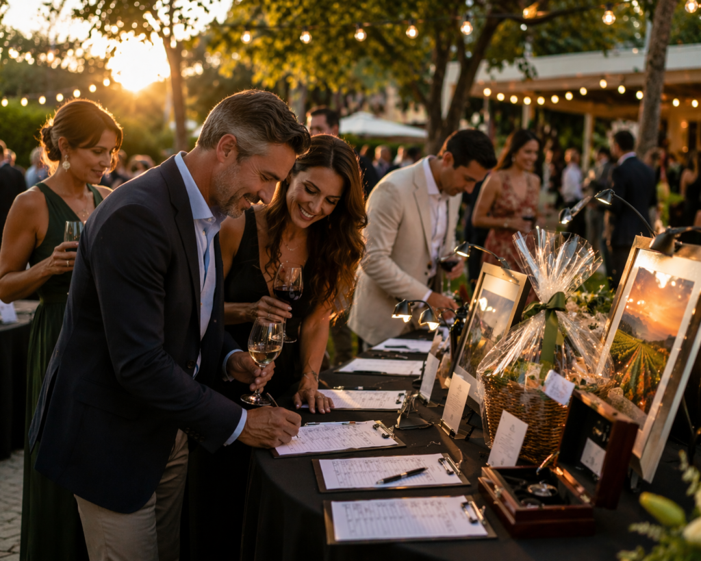 guests reviewing silent auction bid sheets during a fundraising event with pricing strategy in place