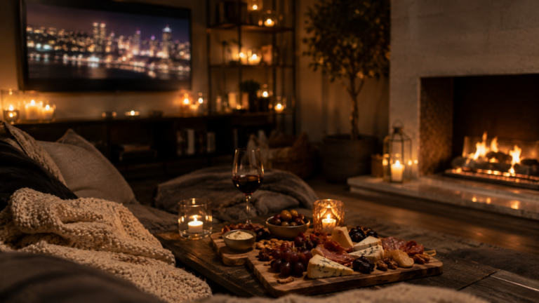 Cozy stay at home date night basket idea for fundraising auctions