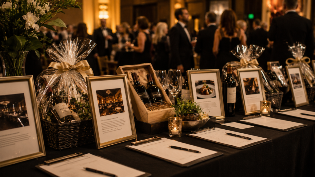 Elegant restaurant and dining experience display at a nonprofit silent auction