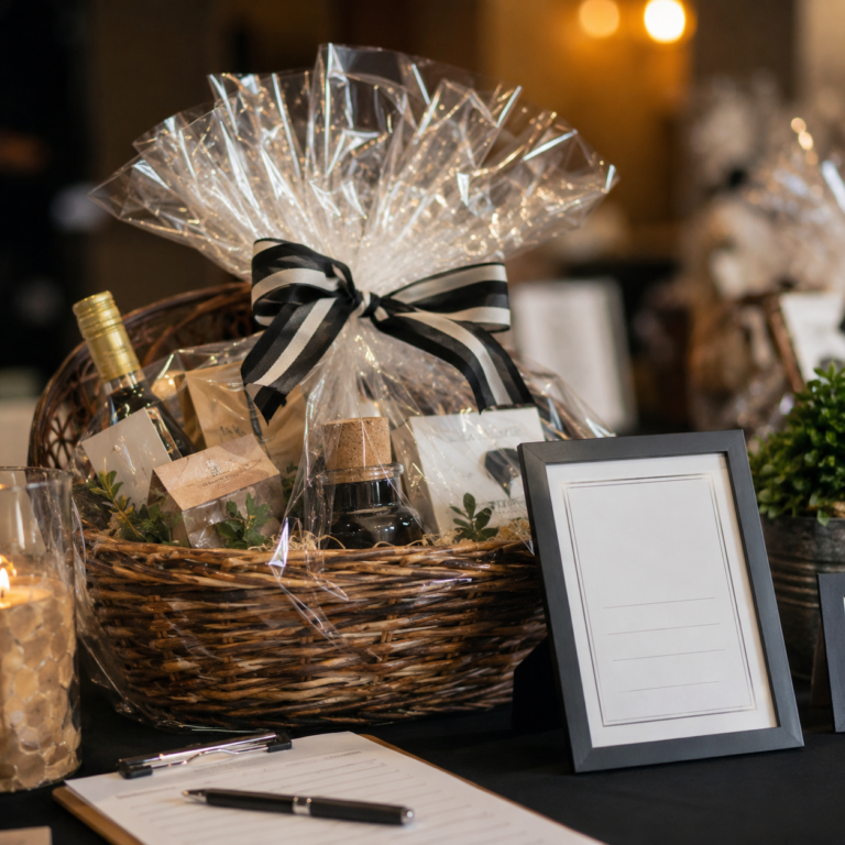 Close-up silent auction donation basket from a local business