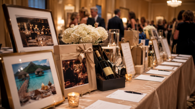 Elegant date night silent auction package display at nonprofit fundraiser