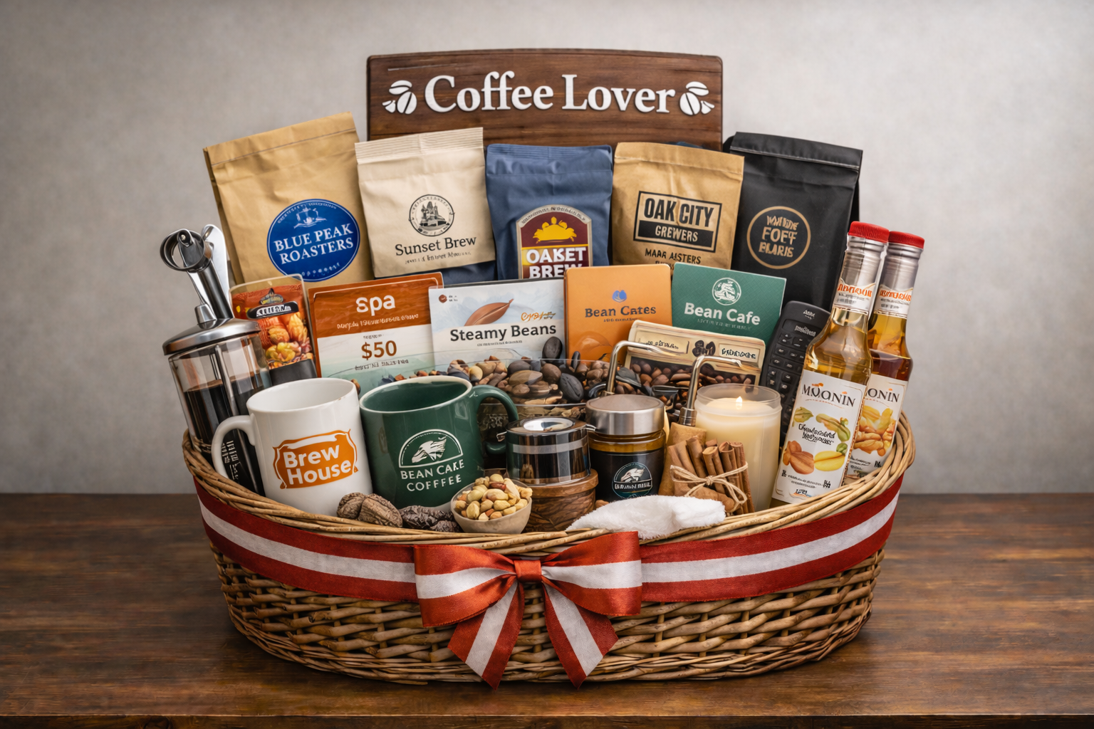 Coffee themed gift basket with specialty beans, mugs, and coffee shop gift cards for a silent auction fundraiser