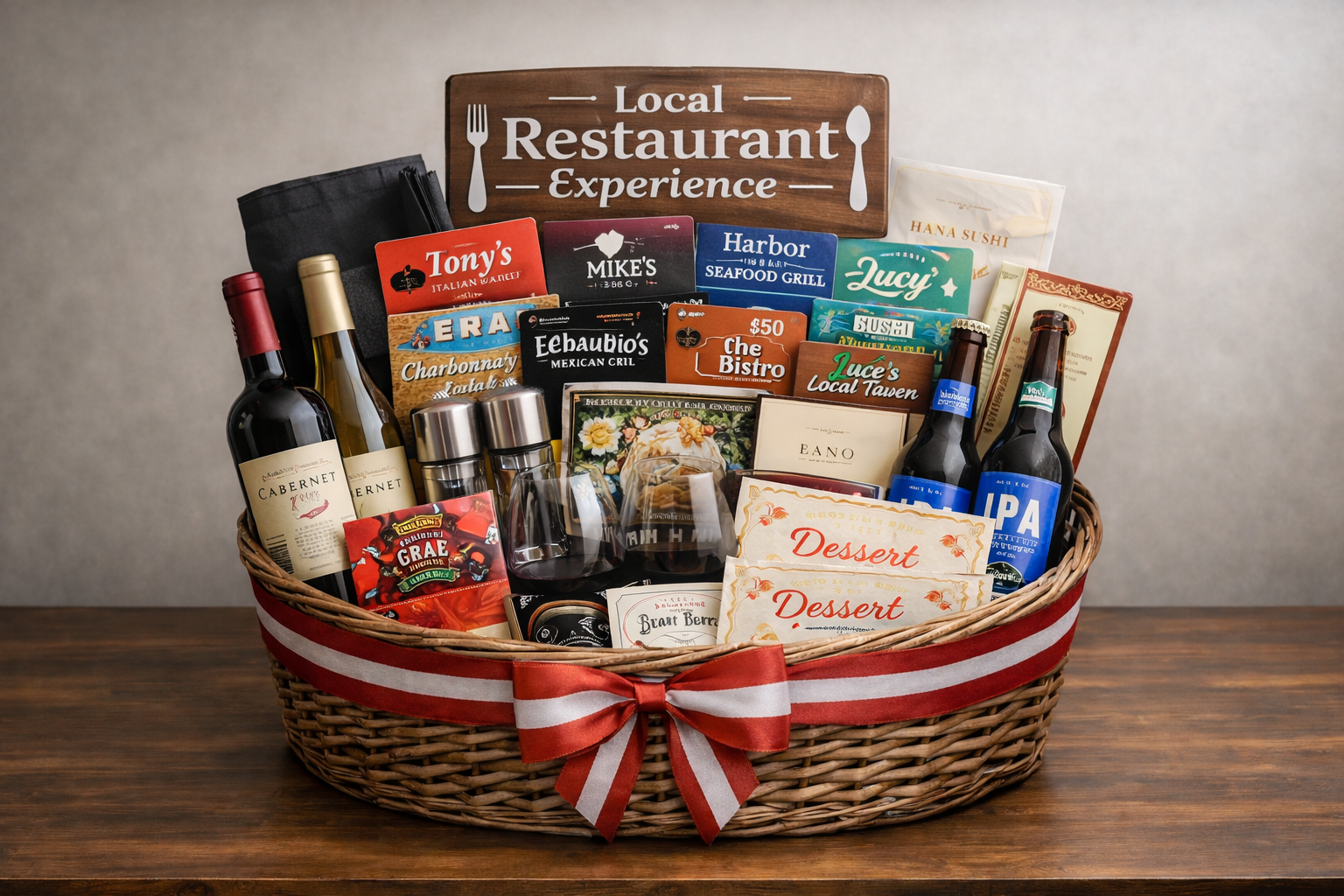 Silent auction basket featuring restaurant gift cards, wine, and dining accessories for a charity fundraiser