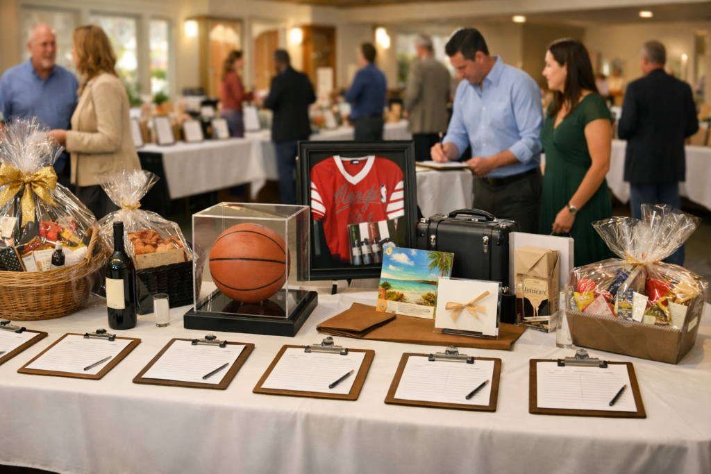 silent auction bid sheet on table with bids written by event guests