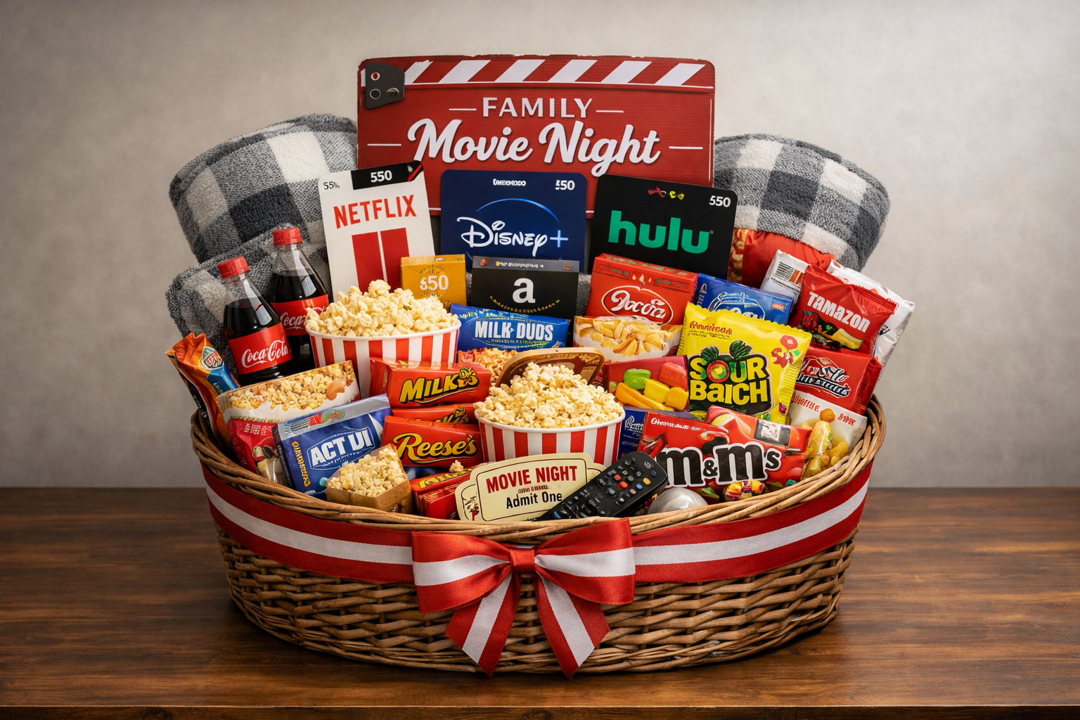 Family movie night themed gift basket with popcorn, candy, blankets, and streaming gift cards for a silent auction fundraiser