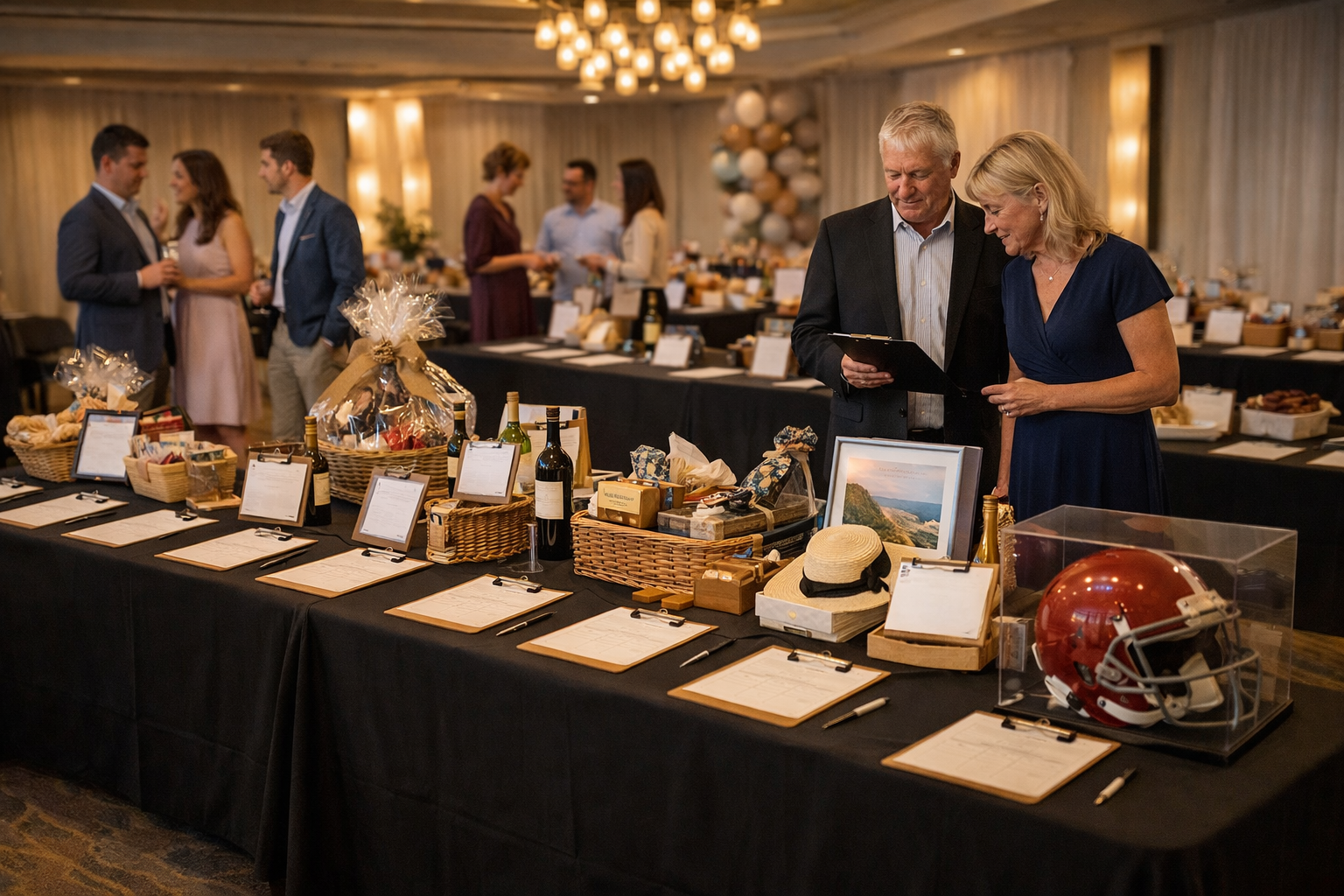 Guests browsing organized silent auction tables with bid sheets beside fundraising items at a nonprofit event