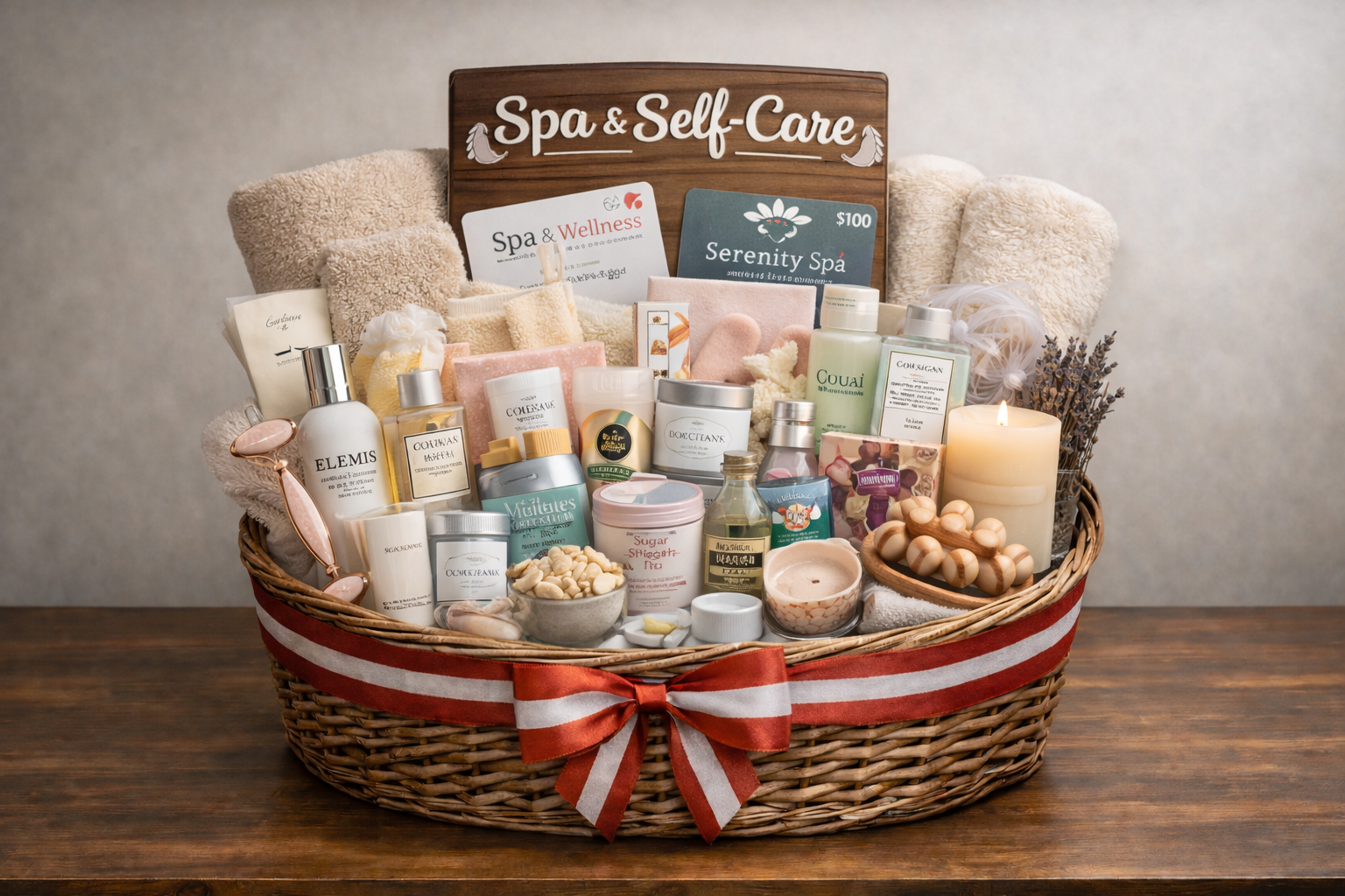 Spa themed gift basket with candles, skincare products, bath items, and relaxation accessories for a nonprofit silent auction