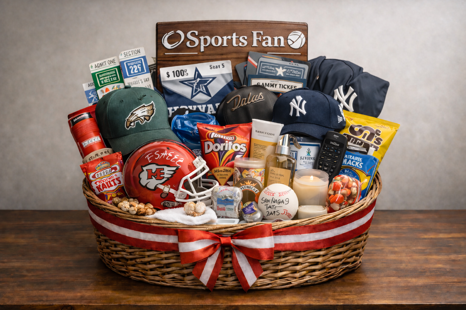 Sports fan themed silent auction basket with team merchandise, game day snacks, and memorabilia