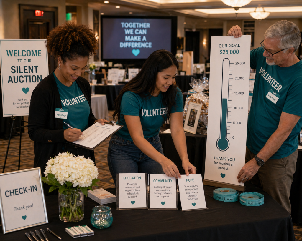 Volunteer team preparing donor engagement materials at a silent auction event setup before guests arrive