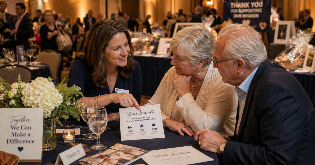 Nonprofit event organizer engaging donors at a silent auction fundraiser table with a personalized impact card