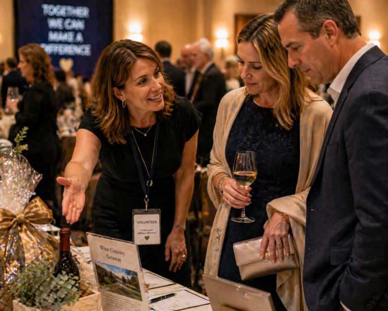 Nonprofit volunteer guiding guests through silent auction items to improve guest engagement at a fundraising event