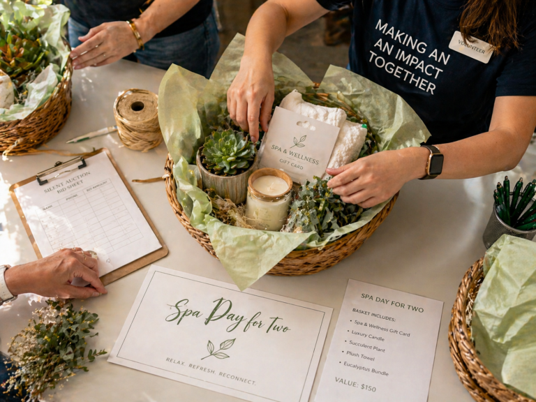 Volunteers assembling a silent auction item bundle in a wicker basket with a printed value card at a nonprofit event.