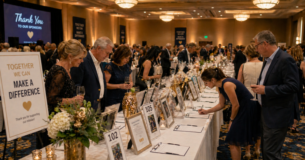 Guests bidding at a silent auction fundraiser event, reviewing bid sheets on decorated tables in a warmly lit hall