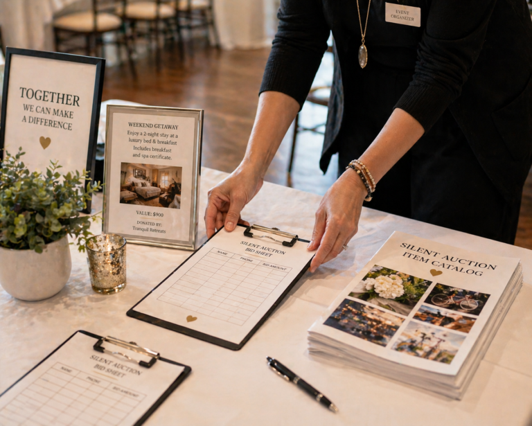Nonprofit organizer placing bid sheets on auction tables as part of a silent auction revenue optimization pre-event setup