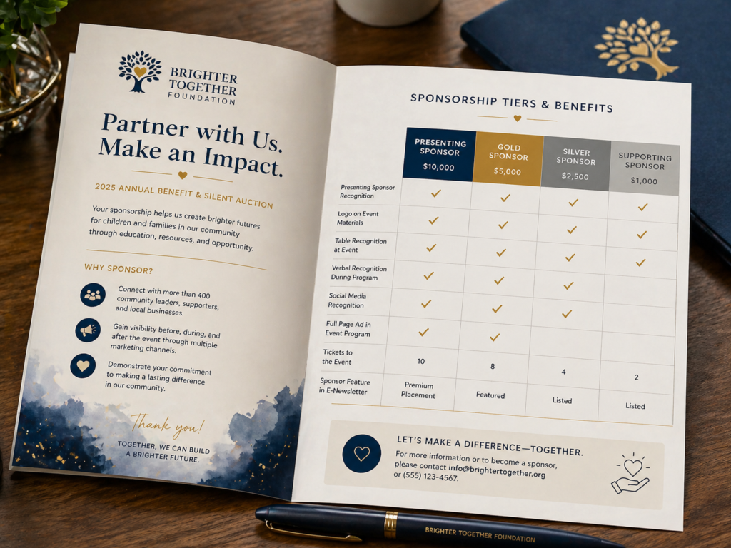Printed silent auction sponsorship strategy tier brochure open on a table showing benefit levels and nonprofit event branding
