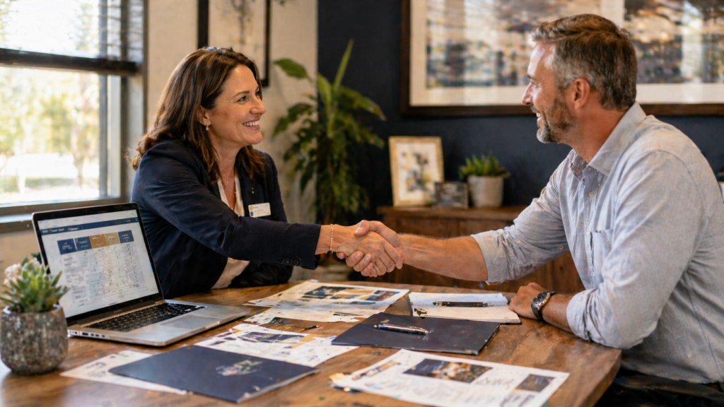 Nonprofit organizer and business owner shaking hands over a silent auction sponsorship strategy meeting table with event planning documents