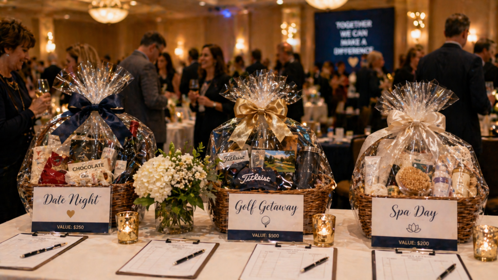 Themed silent auction item bundles displayed in decorated baskets at a nonprofit fundraising event table.