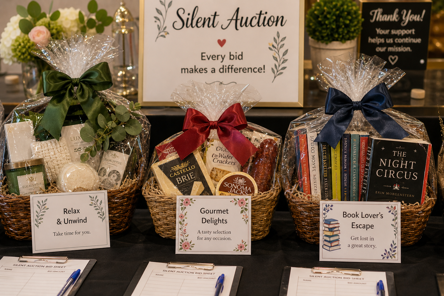 Wrapped gift baskets with ribbon and printed bid sheets displayed on a charity auction table