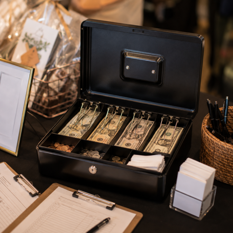 Organized cash box at a nonprofit silent auction fundraiser
