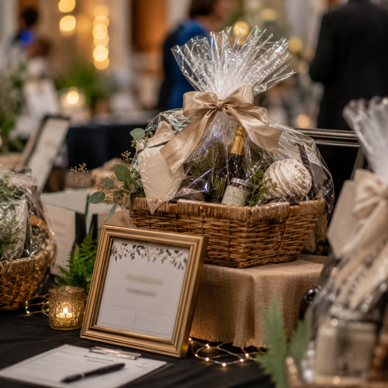 Close-up of silent auction basket display with signage and decorative presentation