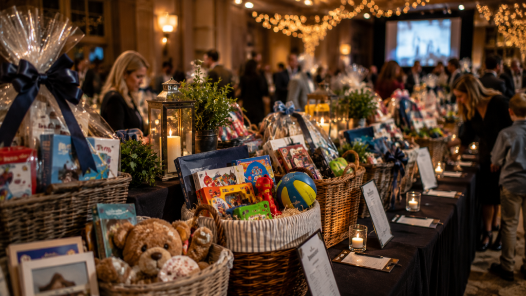 Elegant family-themed silent auction basket display at a nonprofit fundraiser
