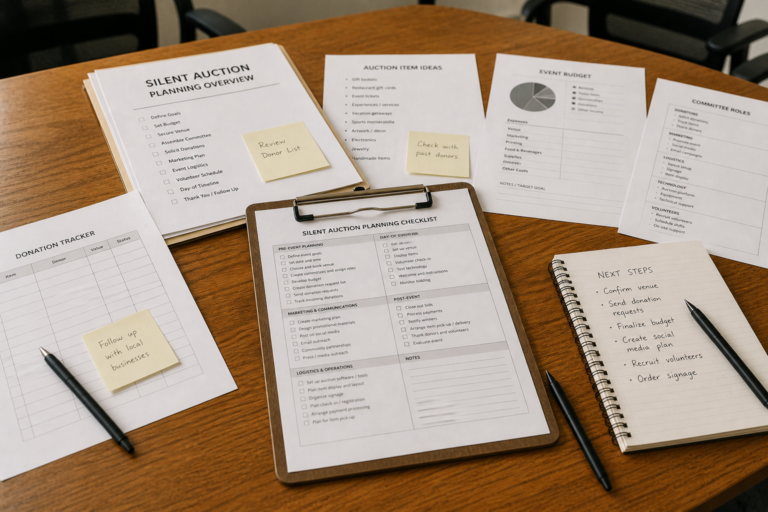 A nonprofit auction committee planning checklist laid on a table beside printed documents during a volunteer planning session
