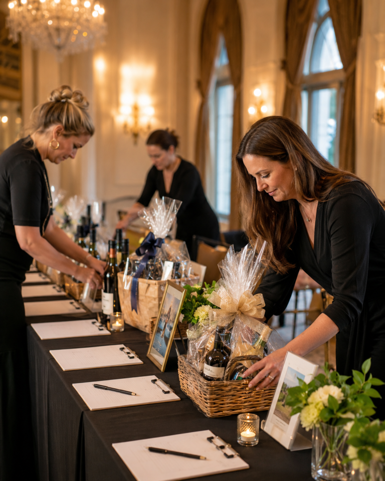 Volunteers preparing auction tables before a nonprofit fundraising event
