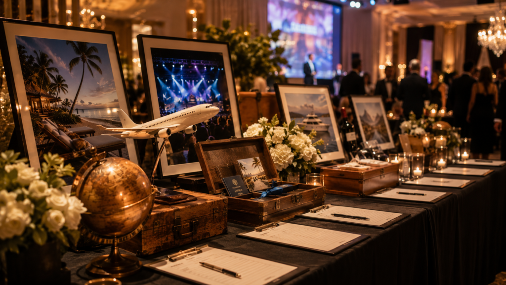 Professionally displayed experience auction packages at a nonprofit fundraising gala