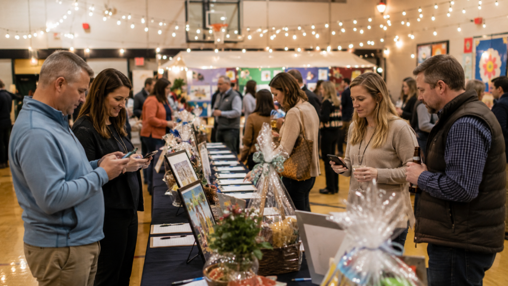 parents and community members bidding during a school silent auction fundraiser
