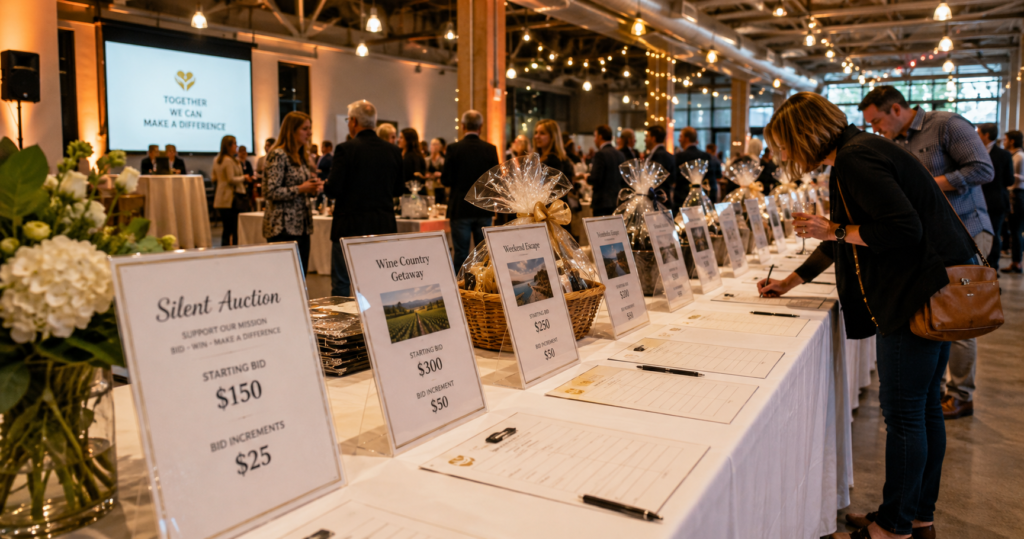 Guests writing bids on silent auction bid sheets with visible increment amounts at a nonprofit fundraiser event