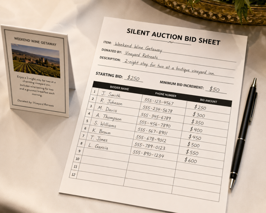 Close-up of a silent auction bid sheet showing starting bid and minimum bid increment label with ascending bidder entries
