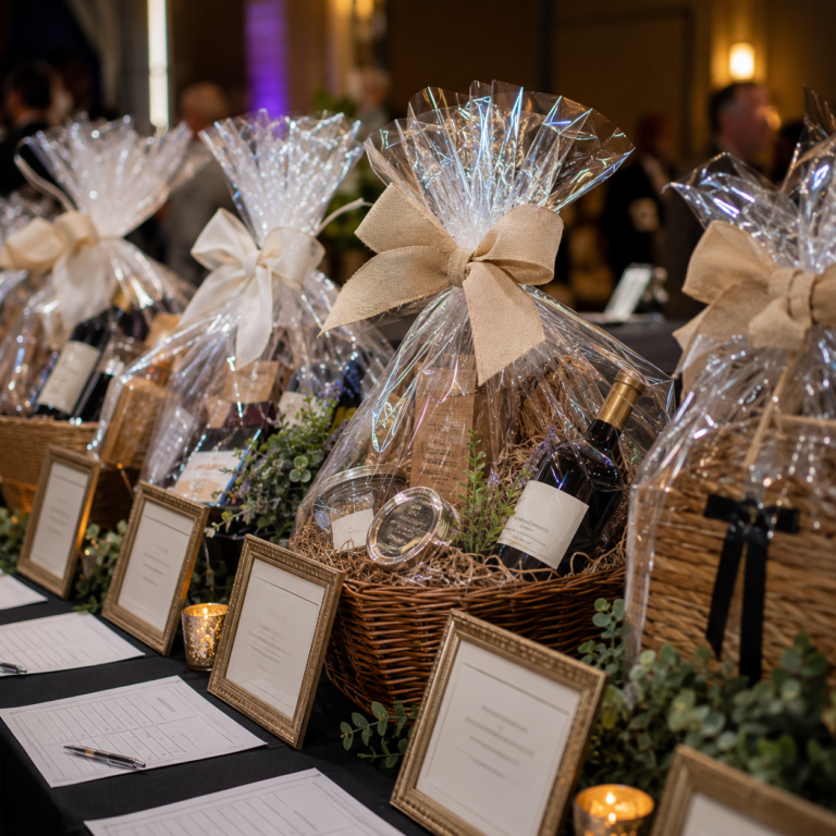 Close-up of silent auction donation baskets and sponsor signage