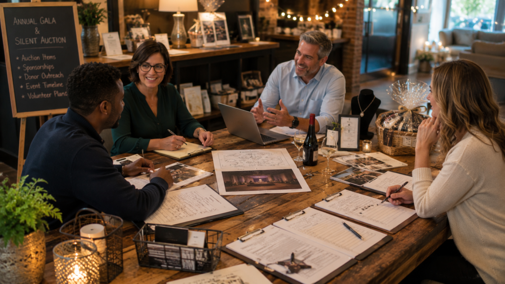 Nonprofit fundraising team planning silent auction strategy before gala event