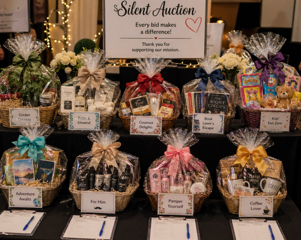 Colorful themed gift baskets displayed on a table at a silent auction fundraiser