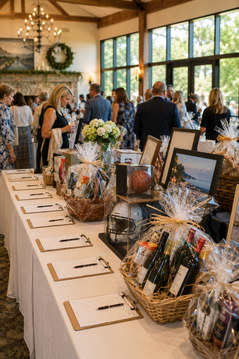 Nonprofit silent auction event displaying organized bid sheets and auction item tables following silent auction rules