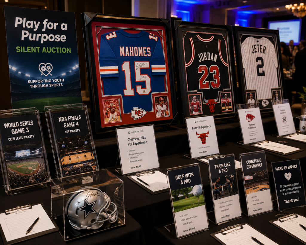 Sports silent auction items including signed jerseys and game tickets displayed on an auction table