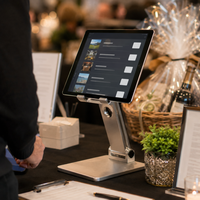Tablet stand being used at a nonprofit silent auction checkout station