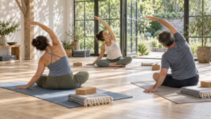 Instructor guiding two adults through a gentle seated stretch in a sunlit yoga studio.