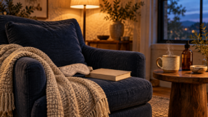 Cozy armchair with a soft throw, eye mask, and warm drink beside a walnut table.
