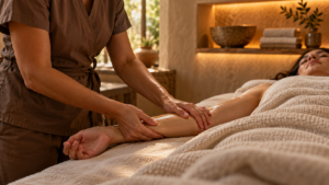 Therapist providing a forearm massage to a guest resting beneath an ivory blanket.
