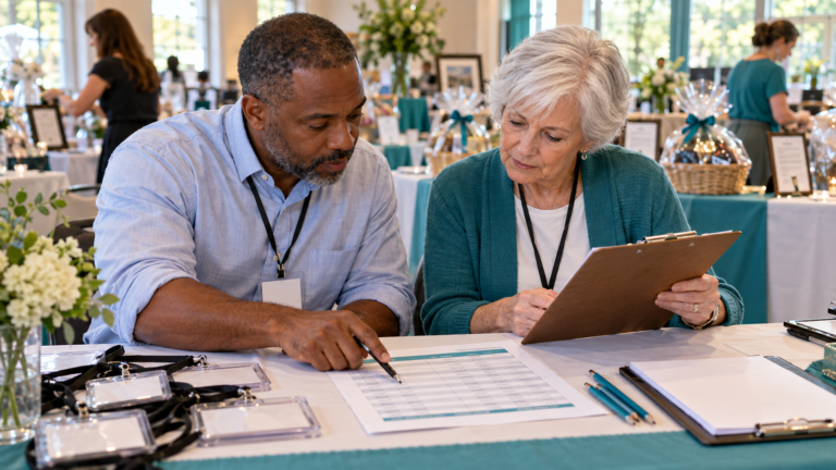 Two volunteers review an assignment worksheet at a check-in table while the silent auction is being prepared.