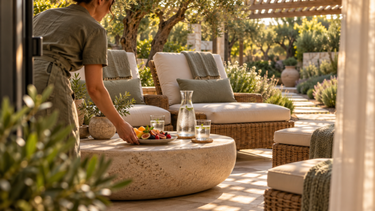 Spa staff member setting refreshments beside two lounge chairs on a private garden terrace.
